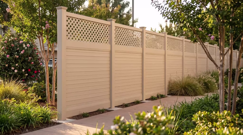 Tan vinyl horizontal privacy fence wraps a dining terrace set with concrete pavers, an open lattice top completing the run