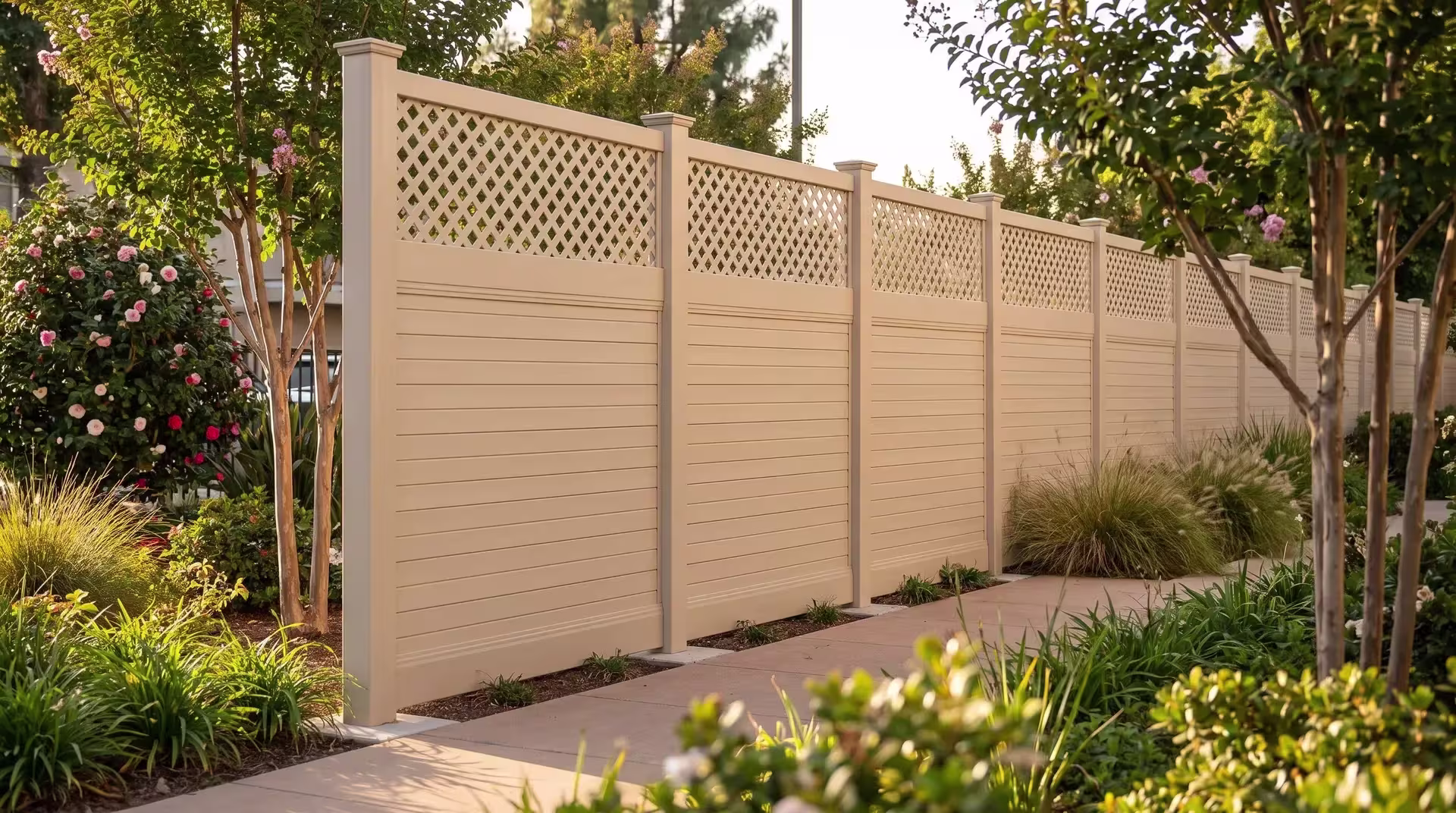 Tan vinyl horizontal privacy fence wraps a dining terrace set with concrete pavers, an open lattice top completing the run