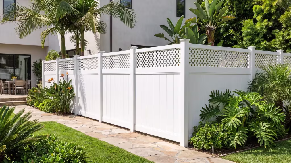 Bird-of-paradise and philodendron rise beside a stucco residence's White vinyl horizontal fence, lattice band left open