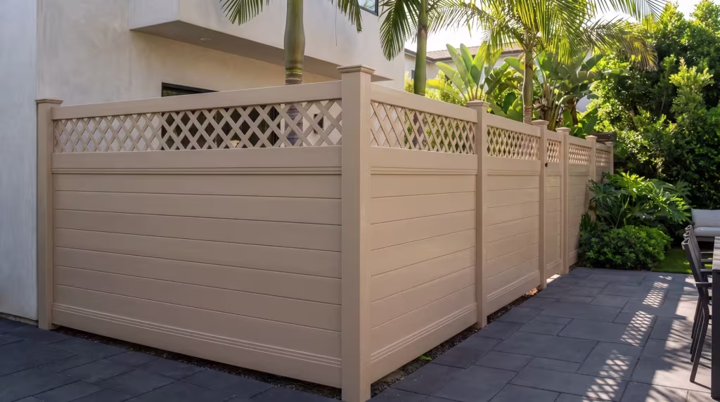 Tan vinyl horizontal privacy fence stands beside a charcoal-paved terrace at a stucco residence, queen palms rising beyond