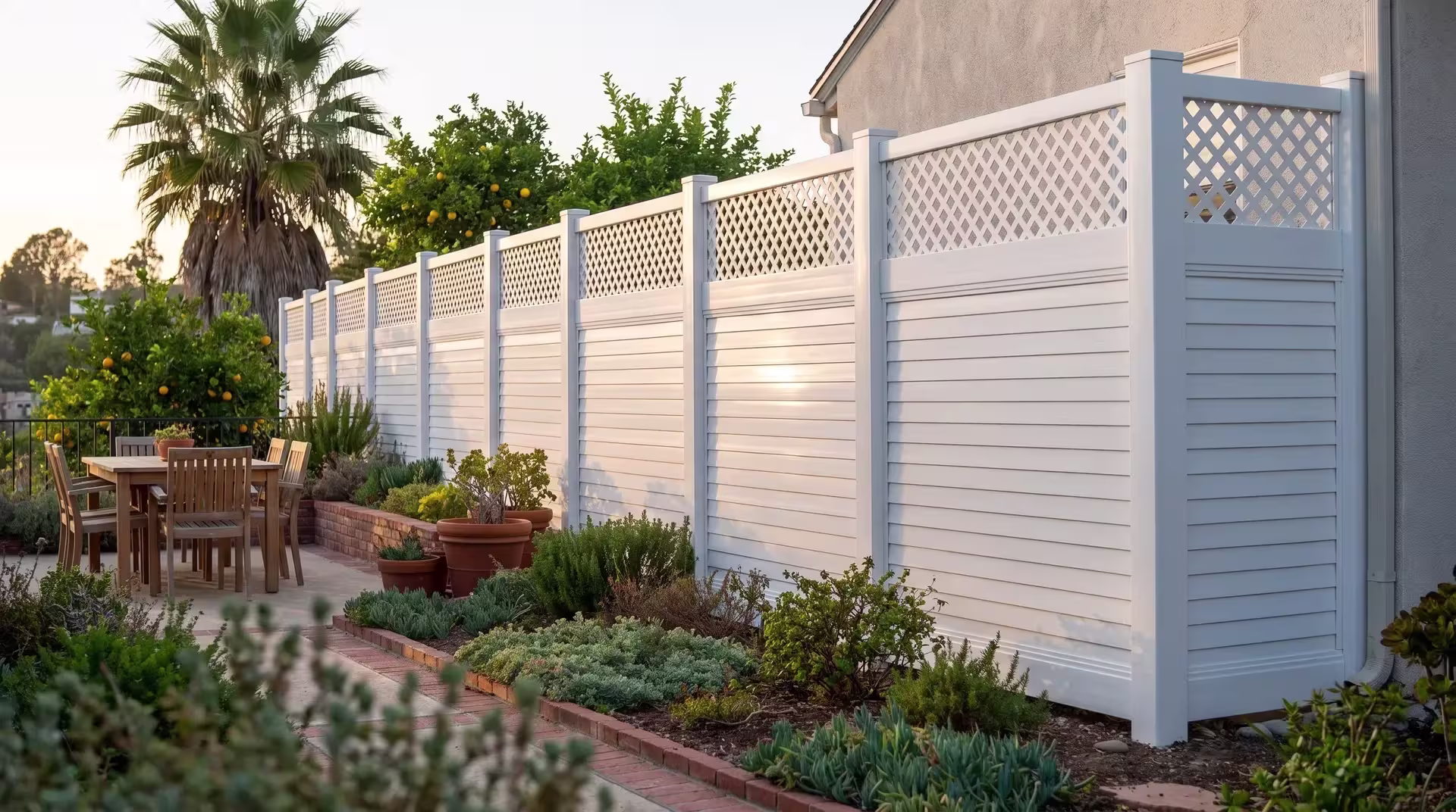 A tall fan palm shades the brick path where White vinyl horizontal fencing runs, its lattice top open overhead