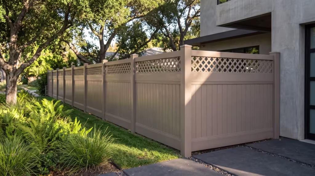 Clay vinyl privacy fence capped with a lattice top rises above dark charcoal pavers under coast live oak shade
