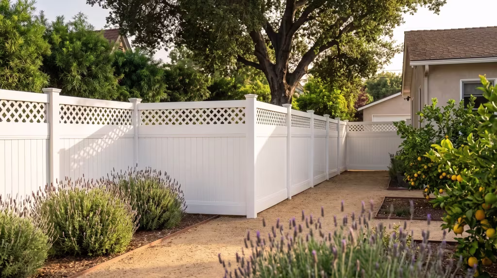 White vinyl privacy fence framed with a lattice top pairs vertical boards beside a compact bungalow and lemon trees