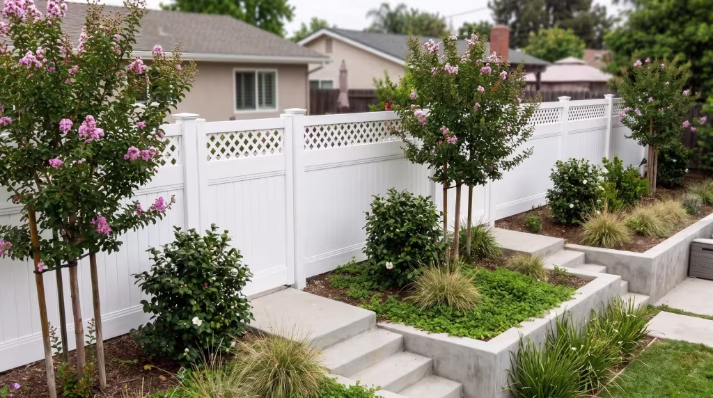 White vinyl privacy fence finished with a lattice course steps down a terraced hillside past poured concrete retaining edges