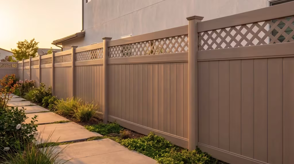 Clay vinyl privacy fence finished with a lattice band runs past a contemporary stucco residence and warm concrete pavers