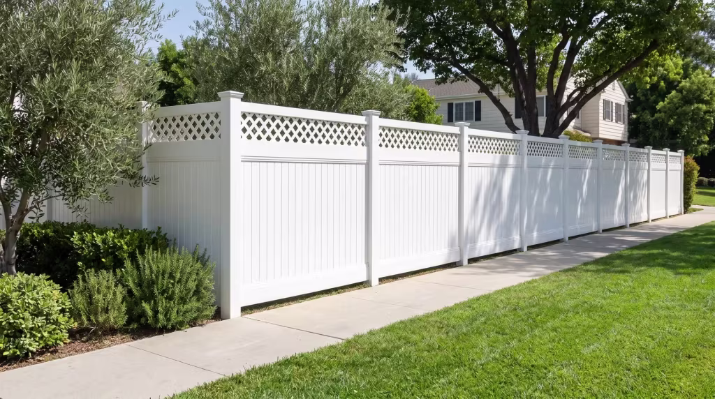 Mature olive trees line the broom-finished concrete walk beside a White vinyl privacy fence fitted with a lattice top