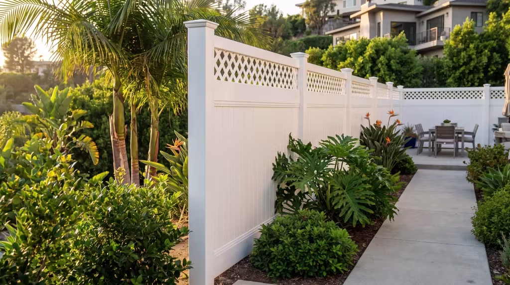 Queen palms and philodendron rise beside a White vinyl privacy fence styled with a lattice cap near a hillside residence
