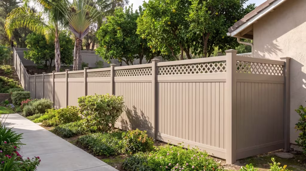 Clay vinyl privacy fence extended with a lattice top runs past a tall fan palm and citrus trees beside a suburban home