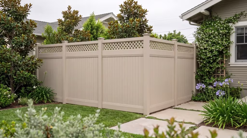 Tan vinyl privacy fence trimmed with a lattice top borders magnolia, jasmine and agapanthus near a freshly maintained lawn