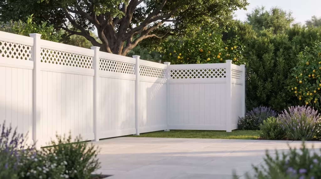 White vinyl privacy fence detailed with a lattice top lines up with lemon trees and podocarpus above pale stone paving