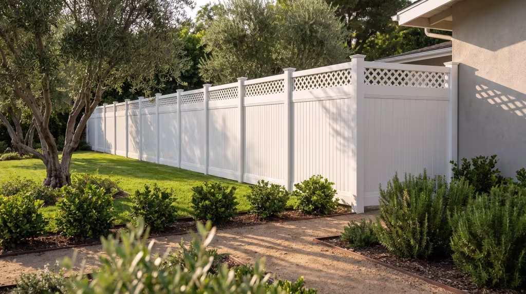 White vinyl privacy fence edged with a lattice course lines a narrow side and rear yard beside a mid-century ranch home