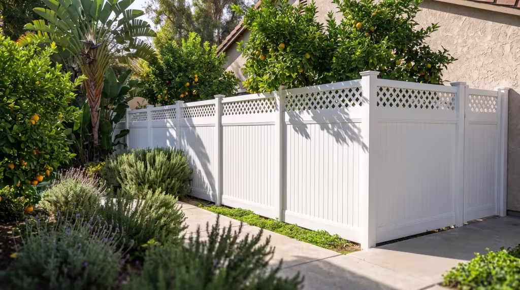 A tall fan palm stands beside the Mediterranean-style home and a White vinyl privacy fence built with a lattice band