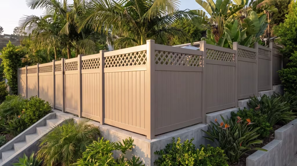 Clay vinyl privacy fence raised with a lattice top sits against dense green shrubs and philodendron on a hillside lot