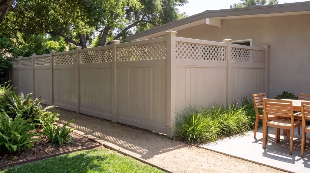Tan vinyl privacy fence rounded out with a lattice course stands beside a mid-century ranch home under coast live oak shade