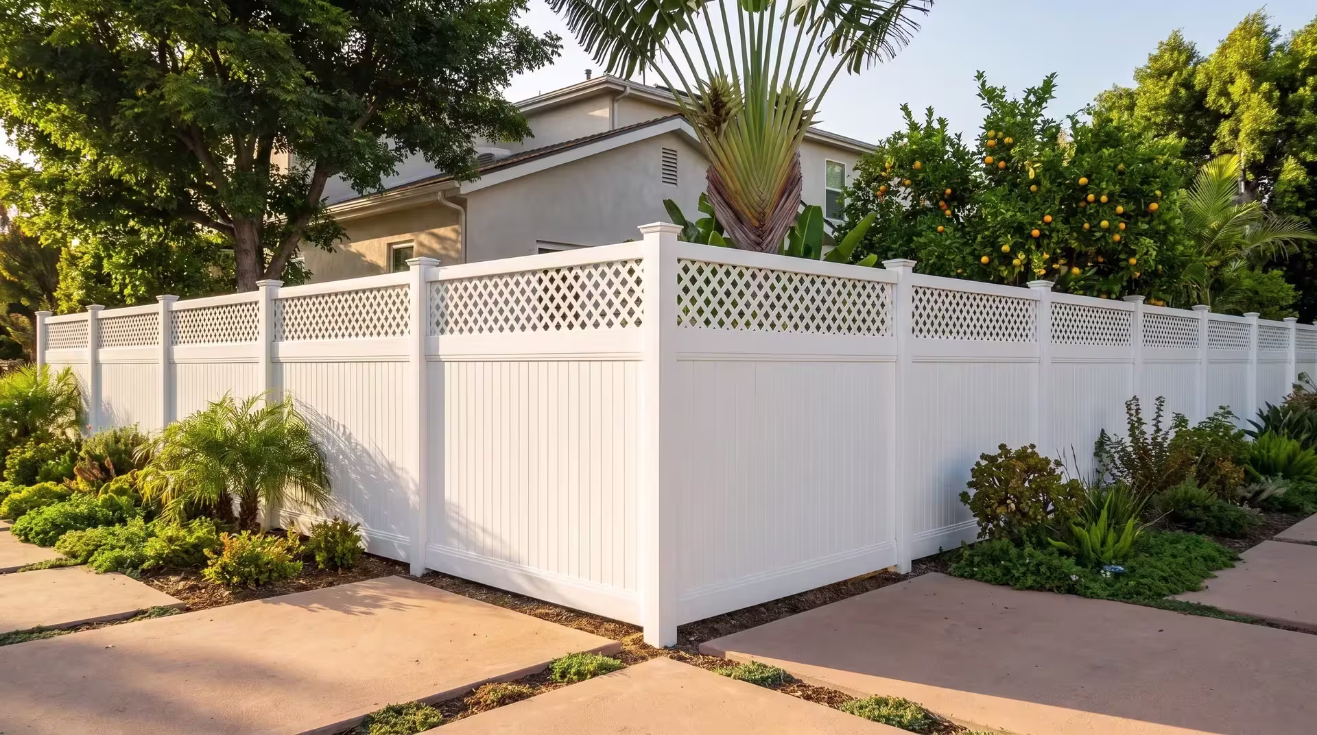 Citrus trees and layered shrubs grow beside a White vinyl privacy fence completed with a lattice top near a stucco residence