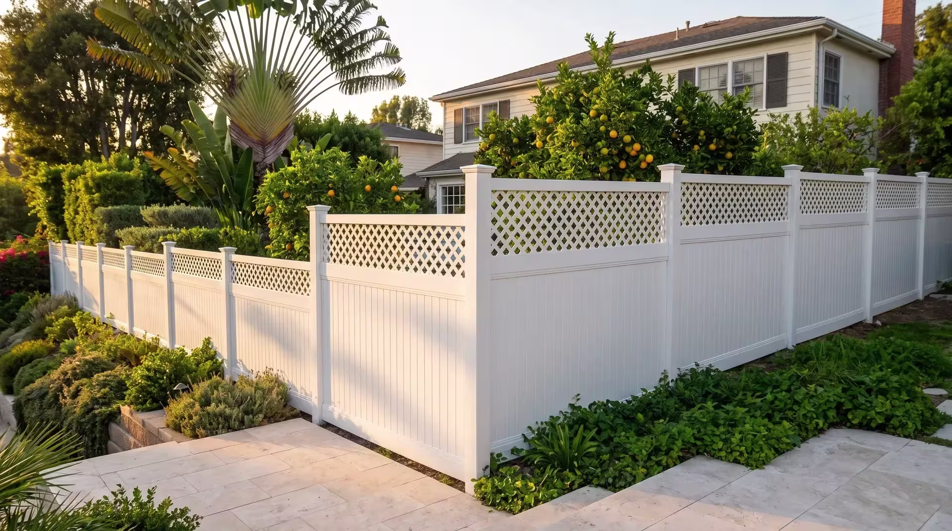 Pale stone paving runs beside a White vinyl privacy fence highlighted with a lattice band near a traditional two-story home