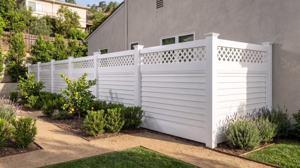 White vinyl horizontal privacy fence shields decomposed-granite paths edged in steel at a hillside residence