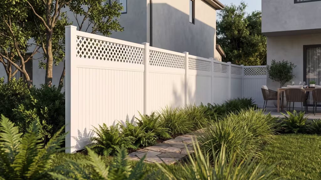 Vertical White vinyl privacy fence topped with lattice, bordering a flagstone walk through a narrow lawn strip