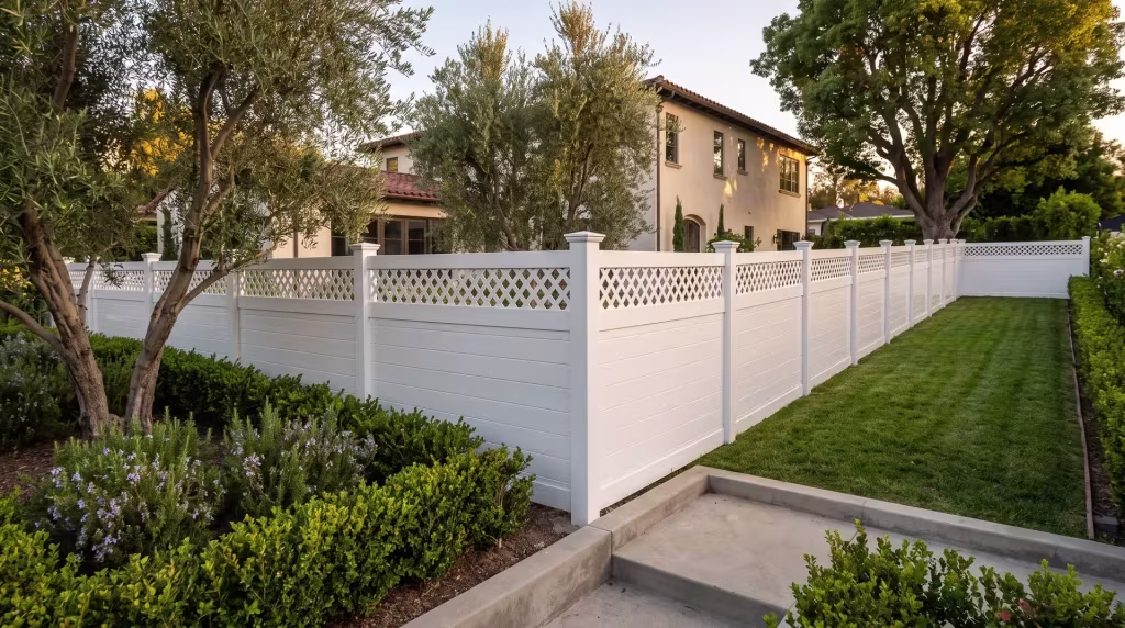 Olive trees and pittosporum rise behind this White vinyl horizontal privacy fence at a Mediterranean-style home