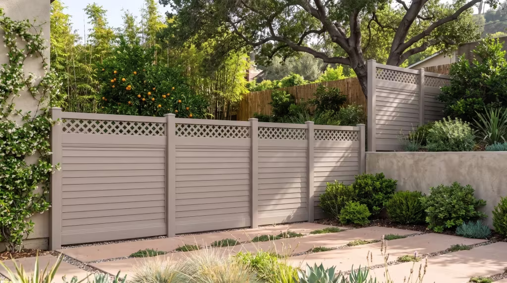 Bamboo screening and citrus trees rise behind a Clay vinyl horizontal privacy fence set on warm concrete pavers