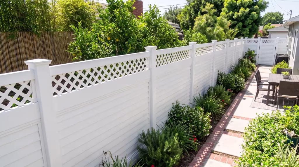 Bamboo screening and citrus trees fill this duplex yard behind White vinyl horizontal fencing, the lattice band open overhead