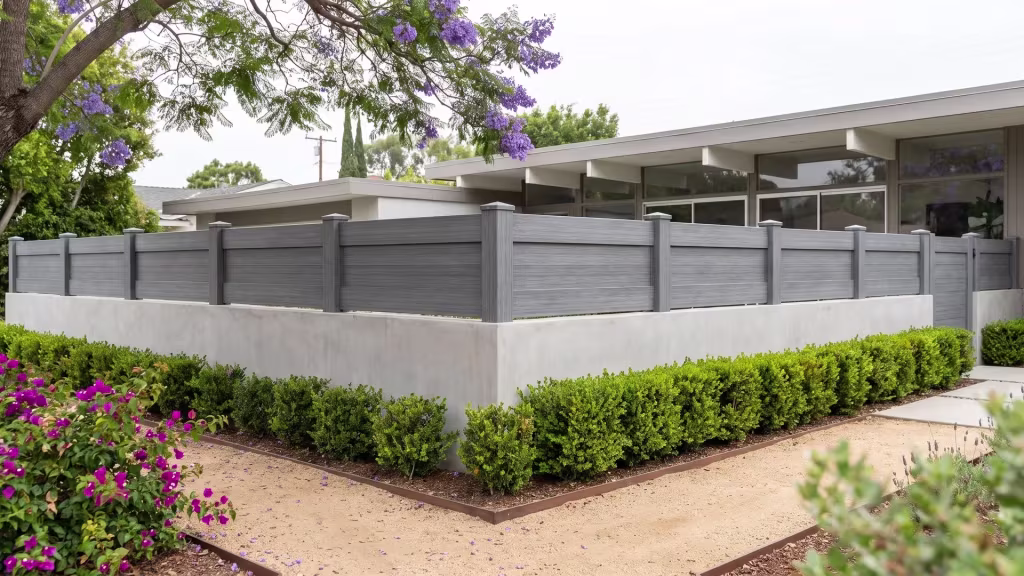 Arctic Blend vinyl wall topper mounted on a light gray concrete boundary wall beneath a jacaranda canopy
