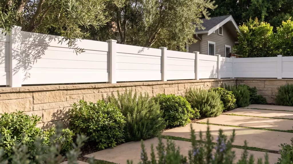White vinyl horizontal privacy fence tops a low buff stone boundary wall shaded by mature olive trees