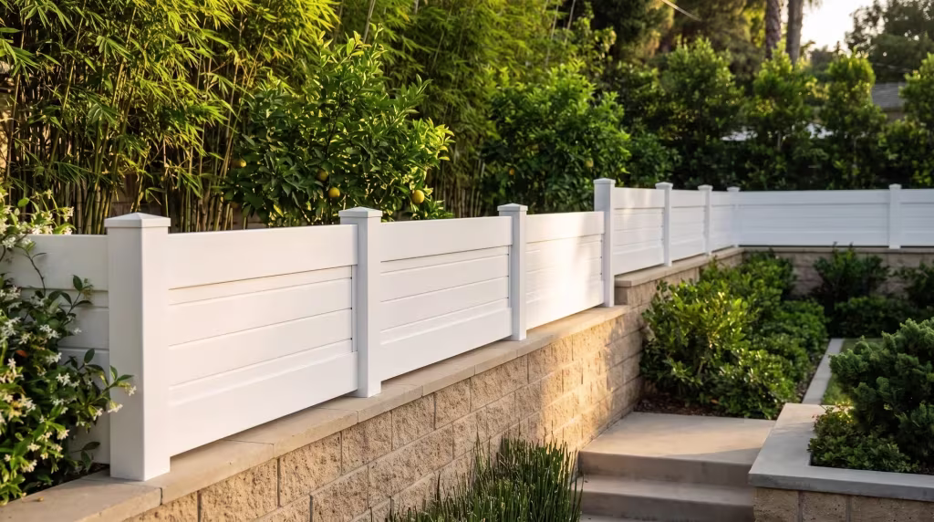 Bamboo screening and star jasmine grow beside a horizontal privacy fence shaped in White vinyl above a stone wall