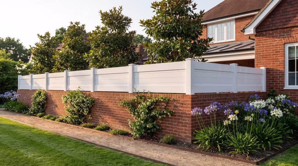 Magnolia and jasmine border a red brick boundary wall topped by a horizontal privacy fence formed of White vinyl