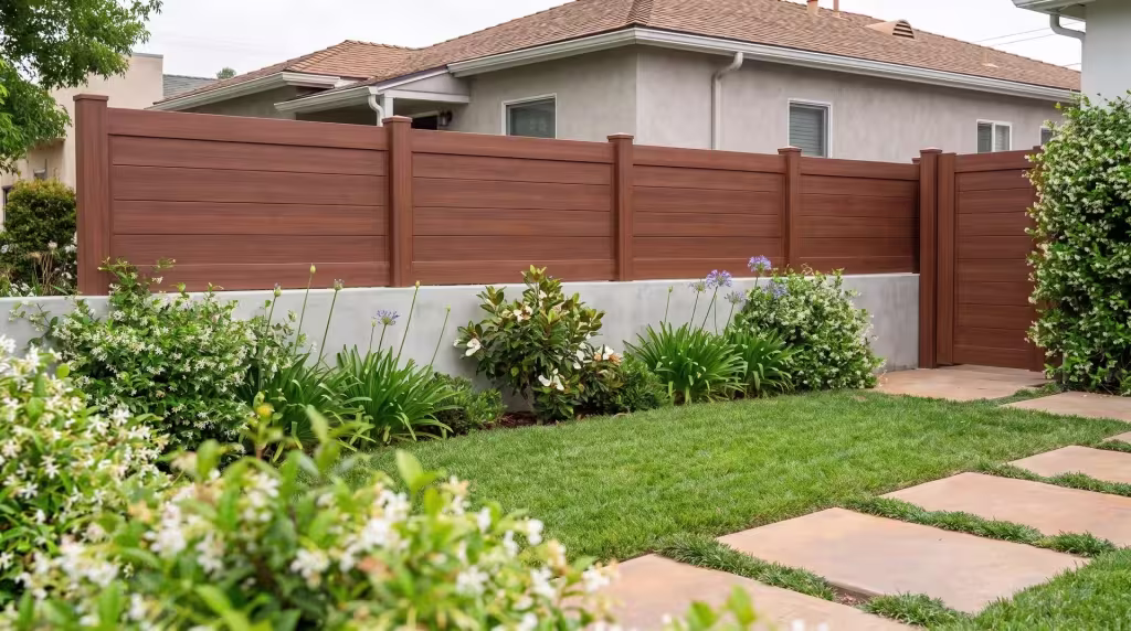 Magnolia and jasmine grow near this horizontal privacy fence, faced in Brazilian Blend vinyl, atop a gray concrete wall