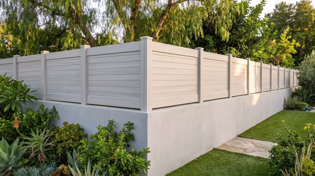 A pepper tree canopy shades this horizontal privacy fence, grained in Coastal Cedar vinyl, on a gray concrete wall