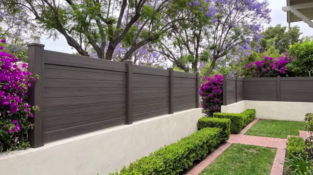 A brick edged path leads past jacaranda to this horizontal privacy fence, milled in Dark Walnut vinyl, on a garden wall