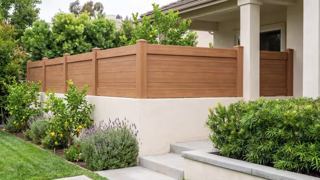 Sierra Blend vinyl wall topper set above a pale stuccoed masonry garden wall near lemon trees and podocarpus