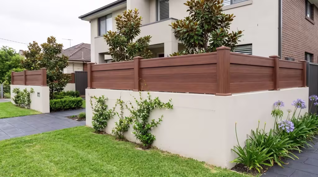Dark charcoal pavers set off this horizontal privacy fence, glazed in Brazilian Blend vinyl, on a stuccoed garden wall