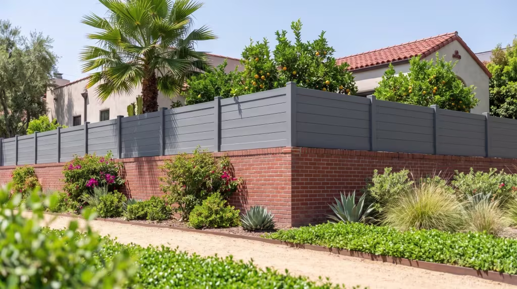 A tall fan palm rises near this horizontal privacy fence, washed in Slate Gray vinyl, on a red brick wall