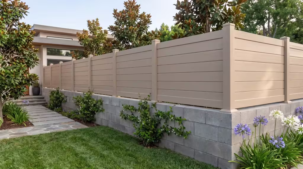 A flagstone walk crosses the lawn beside a Tan vinyl horizontal privacy fence set on a concrete block wall