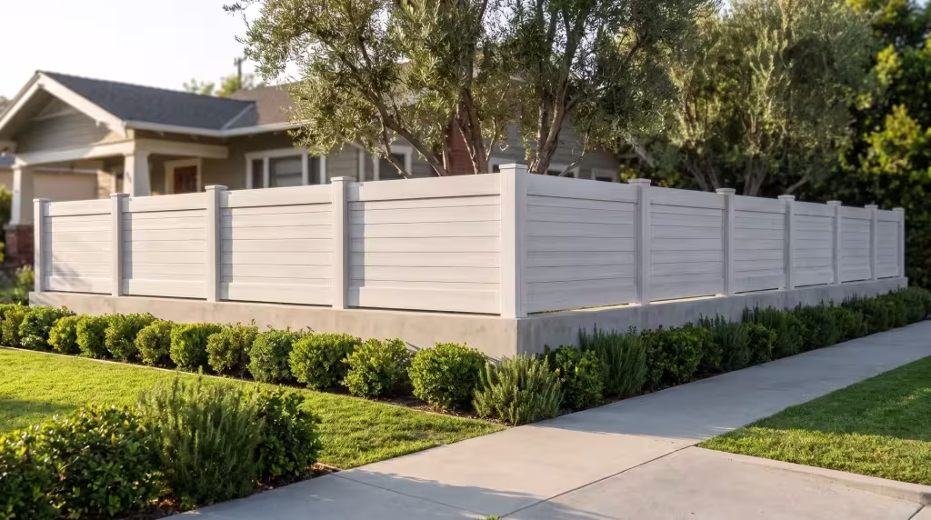 Mature olive trees shade this horizontal privacy fence, textured in Weathered Aspen vinyl, above a concrete wall