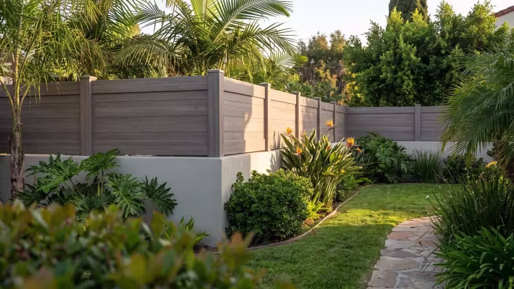 Weathered Blend vinyl wall topper capping a painted concrete wall at a Spanish Revival style house