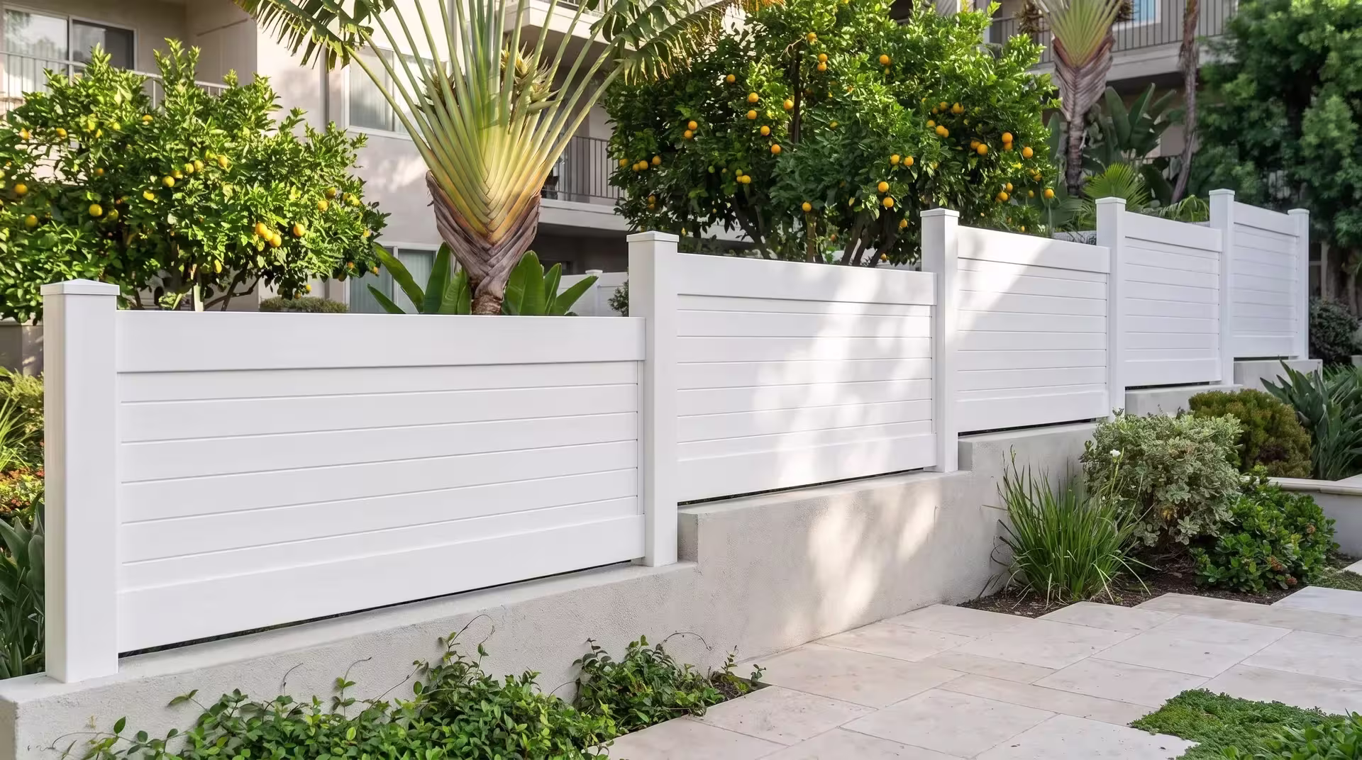 A tall fan palm and citrus trees rise near a horizontal privacy fence crafted in White vinyl along a painted concrete wall