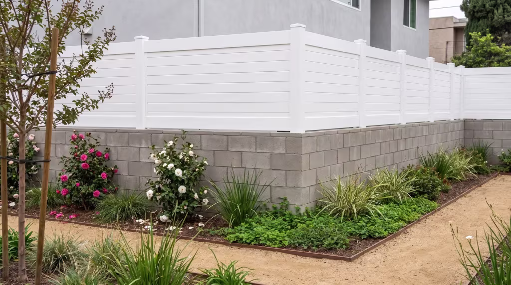 Crepe myrtle and camellias line a horizontal privacy fence rendered in White vinyl set on a split face block wall