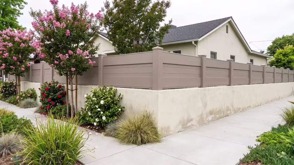 Clay vinyl wall topper installed along a stuccoed garden wall at a compact bungalow