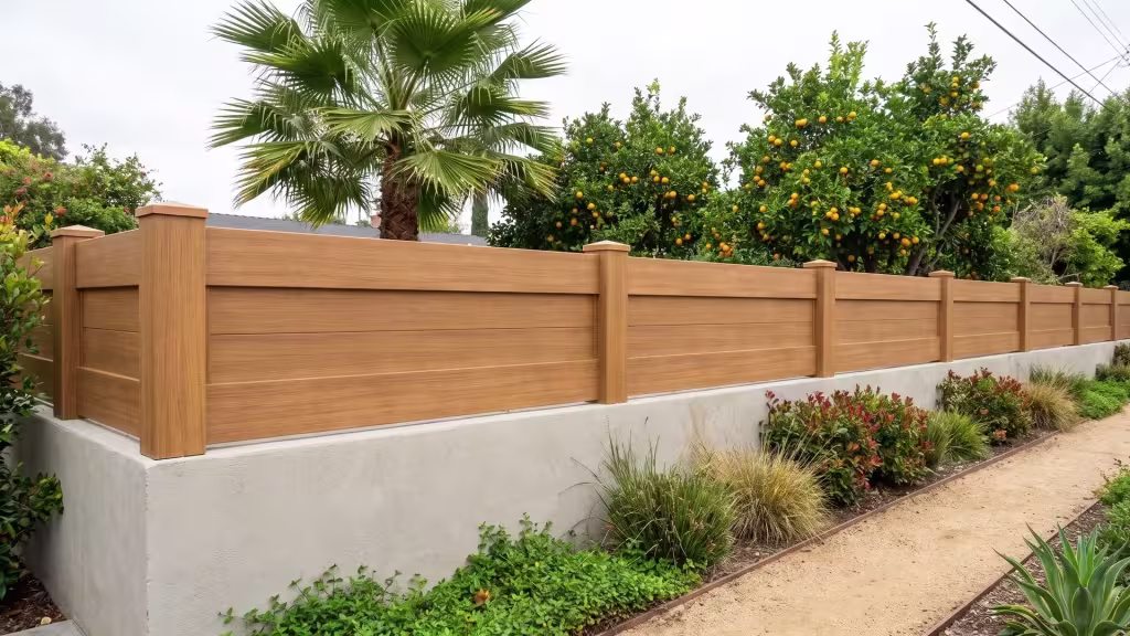 Sierra Blend vinyl wall topper topping a painted concrete wall beside citrus trees and layered shrubs