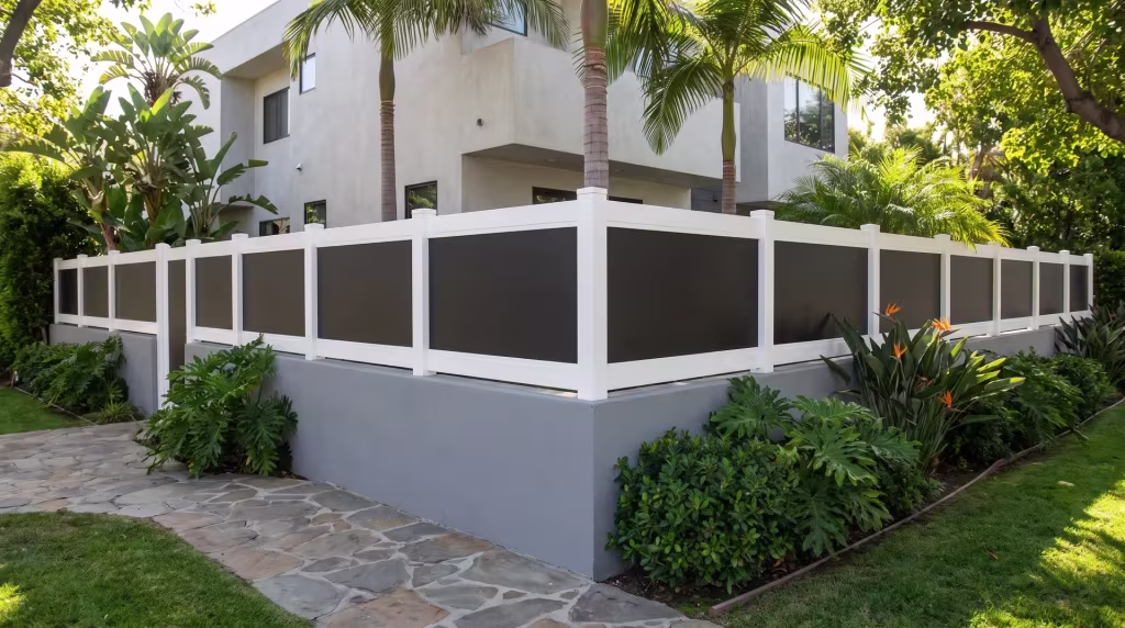 White vinyl wall topper with acrylic caps a painted concrete wall beneath queen palms and bird-of-paradise