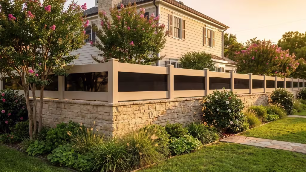 Tan vinyl wall topper with acrylic raising a low buff stone boundary wall for added privacy near crepe myrtle