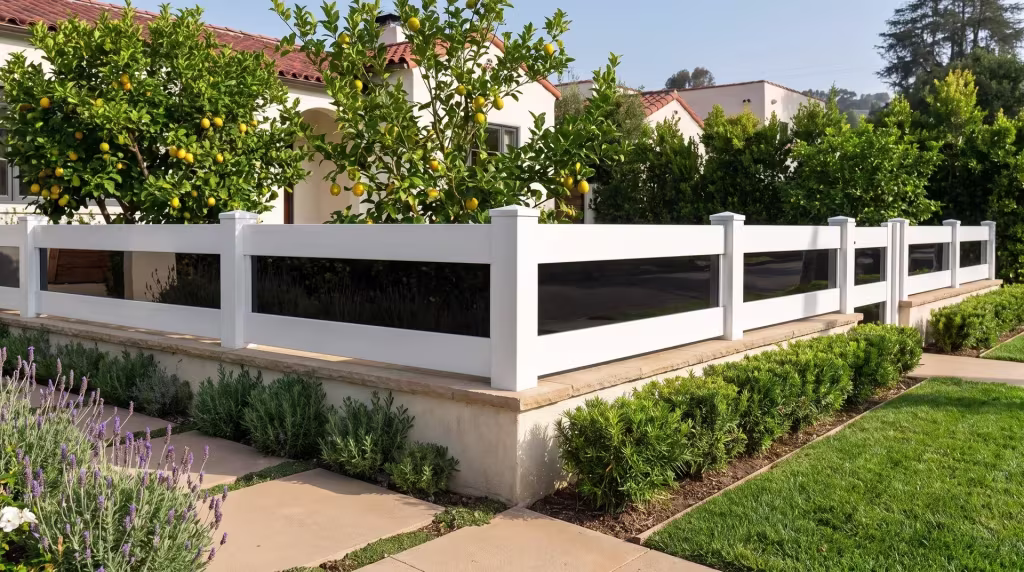 Lemon trees and lavender beds line a low garden wall raised by a White vinyl wall topper with acrylic