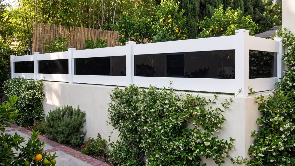 White vinyl wall topper with acrylic added atop a stuccoed garden wall for more privacy beside a brick path