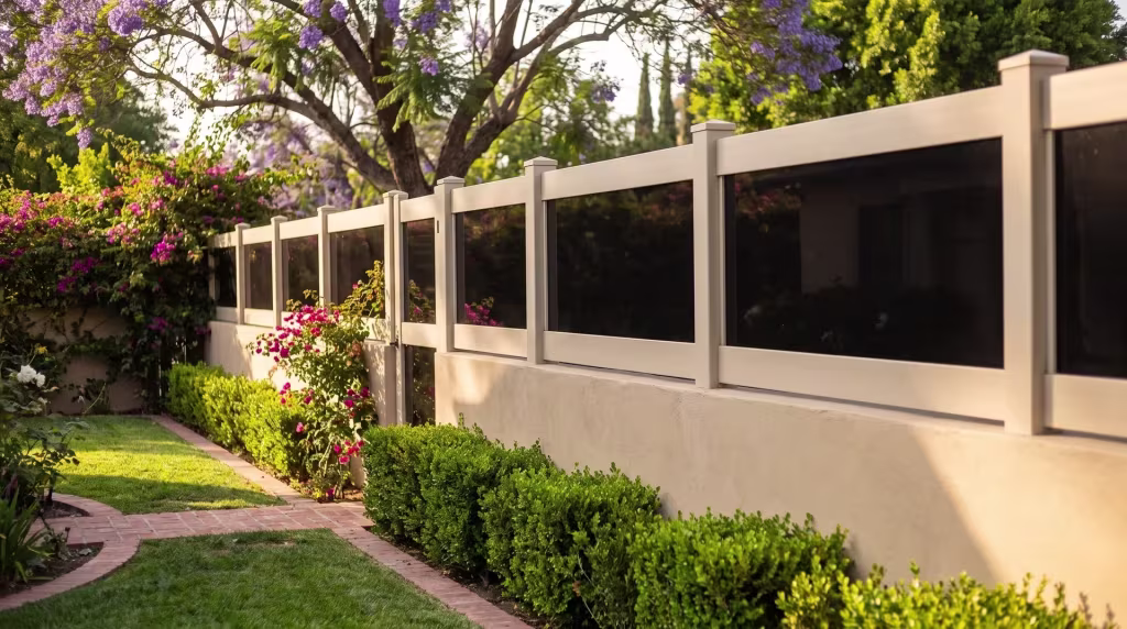 Tan vinyl wall topper with acrylic rises above a concrete wall under jacaranda canopy and bougainvillea vines