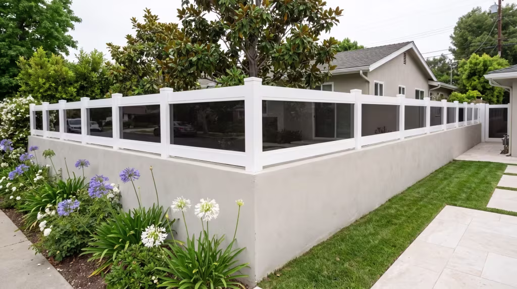 Magnolia and agapanthus border a boundary wall capped by a White vinyl wall topper with acrylic