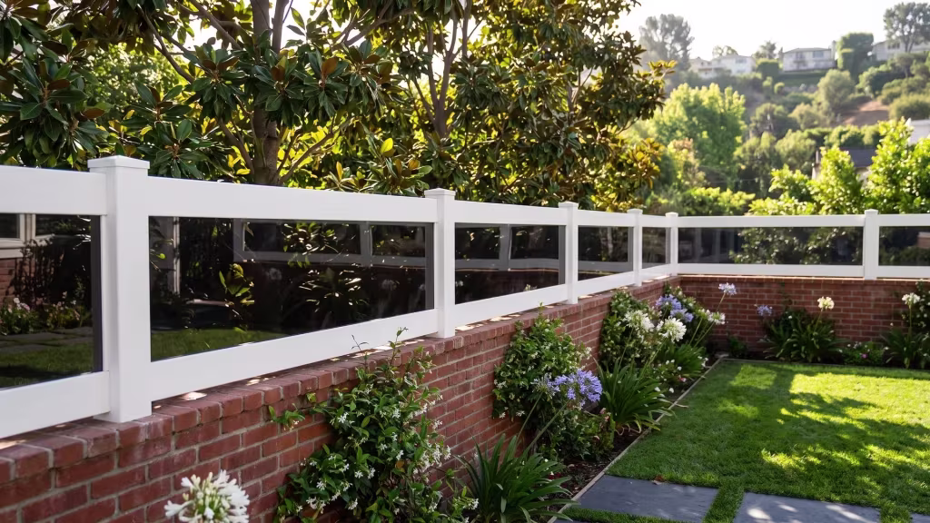 White vinyl wall topper with acrylic raising a red brick boundary wall for lasting privacy, planted with magnolia