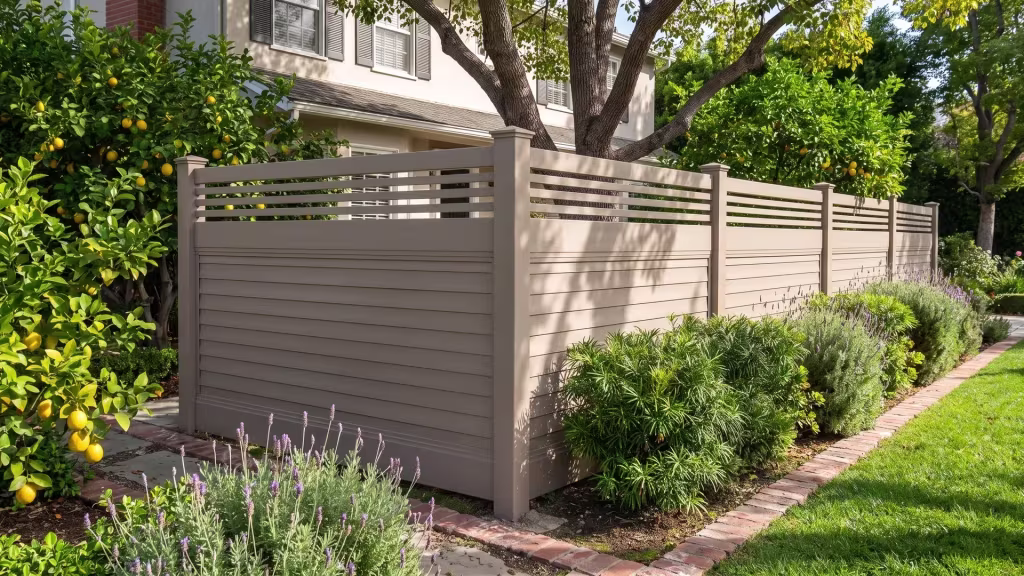 Clay vinyl horizontal privacy fence topped with a horizontal picket top, shaded beneath a mature street tree and lemon trees